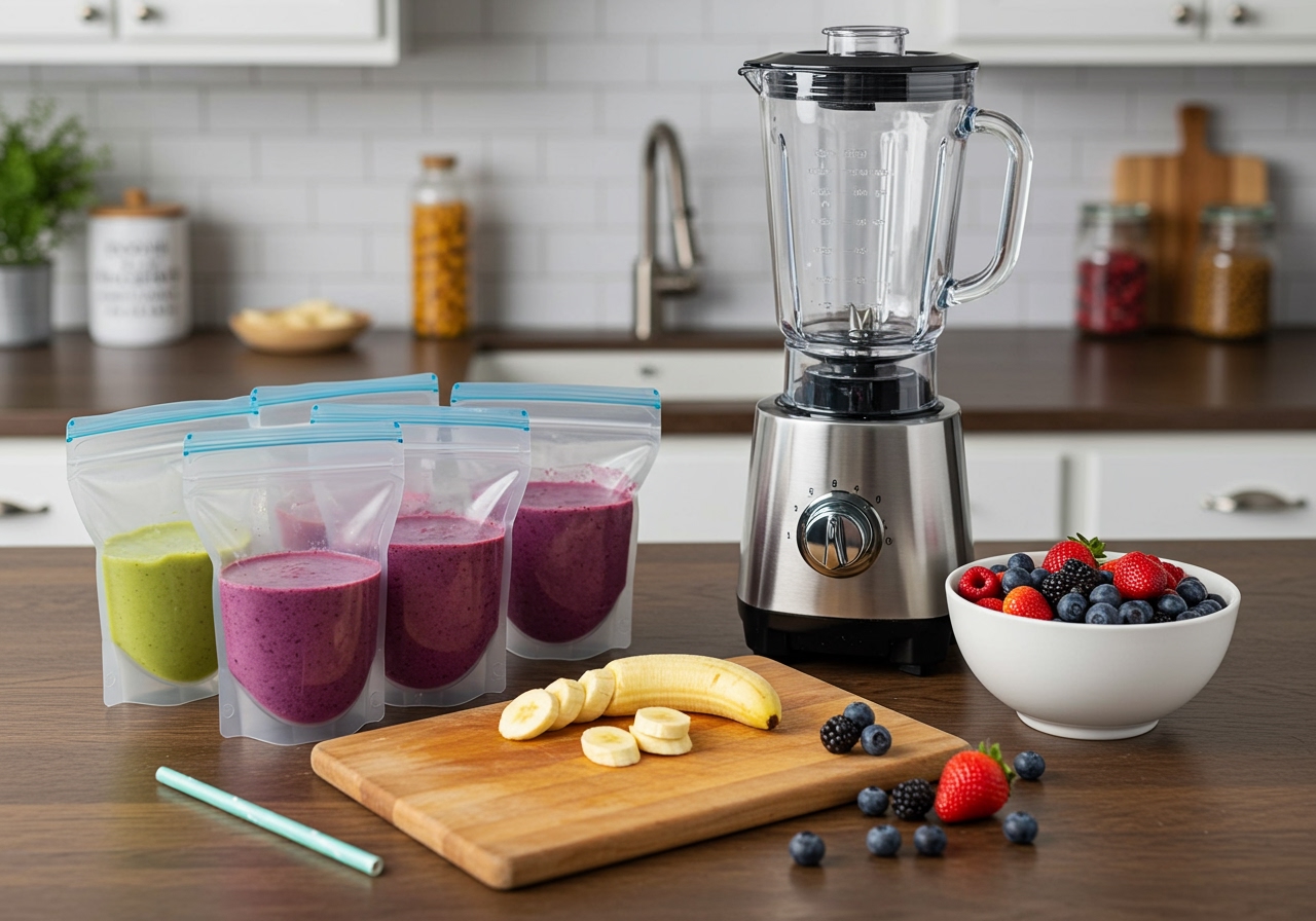 A kitchen counter with a high-speed blender, various pre-portioned smoothie packs in reusable bags, a cutting board with sliced banana, and a bowl of fresh berries, illustrating smoothie meal prep.