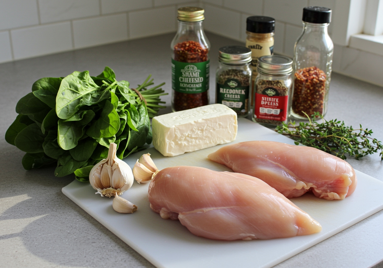A kitchen counter with ingredients for spinach and cream cheese stuffed chicken: fresh spinach, a block of cream cheese, garlic, spices, and two raw chicken breasts laid open.