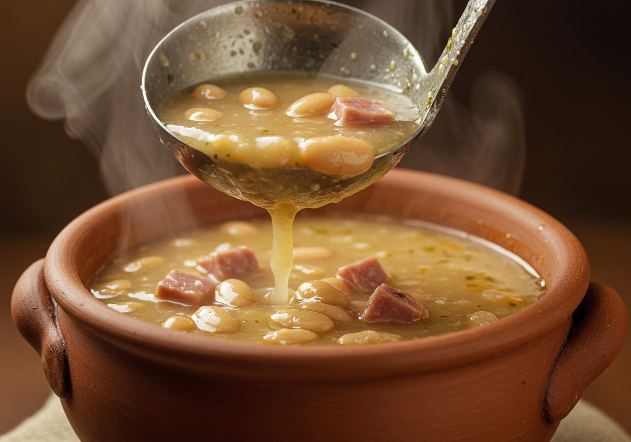 A ladle pouring thick bean and ham soup into a bowl, showing the rich texture and chunks of ingredients.