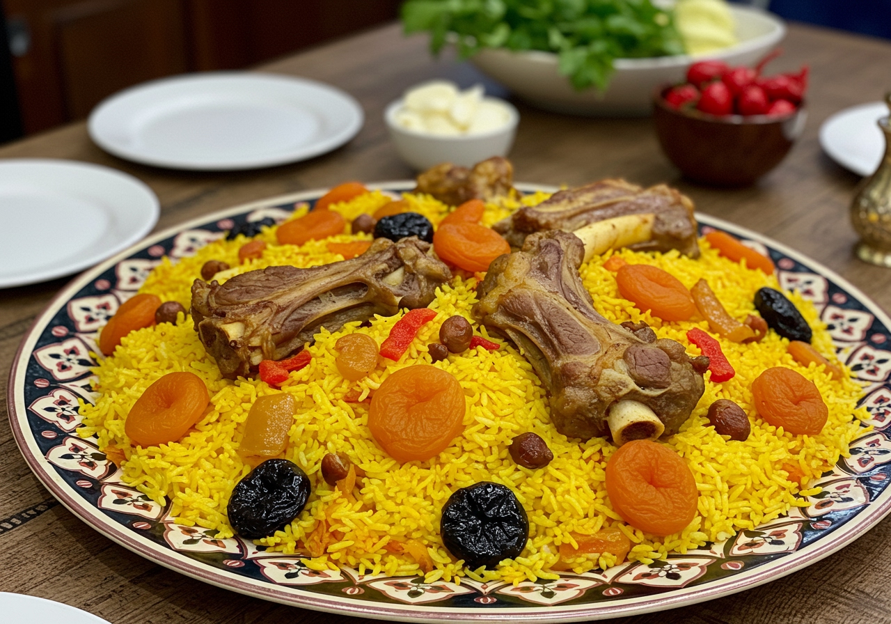 A large, beautifully arranged platter of Azerbaijani Plov, with saffron-infused rice, tender pieces of lamb, and colorful dried fruits like apricots and prunes, garnished with fresh herbs.