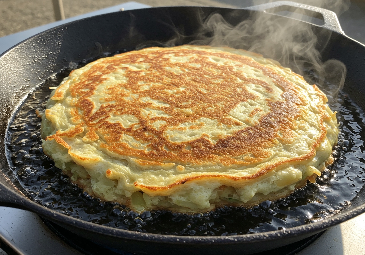 A large chijimi pancake cooking in a hot pan with oil bubbling around the edges, showing a golden brown underside.
