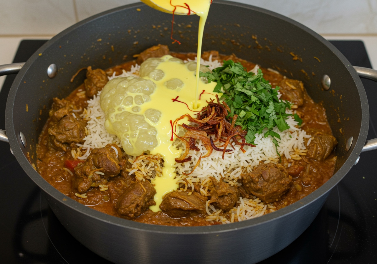 A large, deep pot showing the layering process of Siamese-style Goat Biryani. Tender goat meat curry forms the bottom layer, topped with partially cooked basmati rice, fried onions, and fresh herbs. Saffron milk is being drizzled on top.