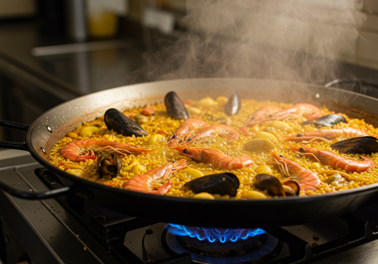 A large paella pan filled with bubbling seafood paella cooking on a stove. Shrimp, mussels, and rice are clearly visible. Steam is gently rising.