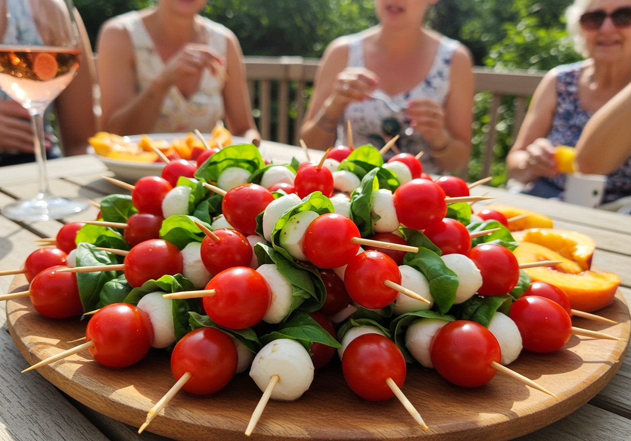 A large platter filled with colorful Caprese skewers, perfect for a summer party.
