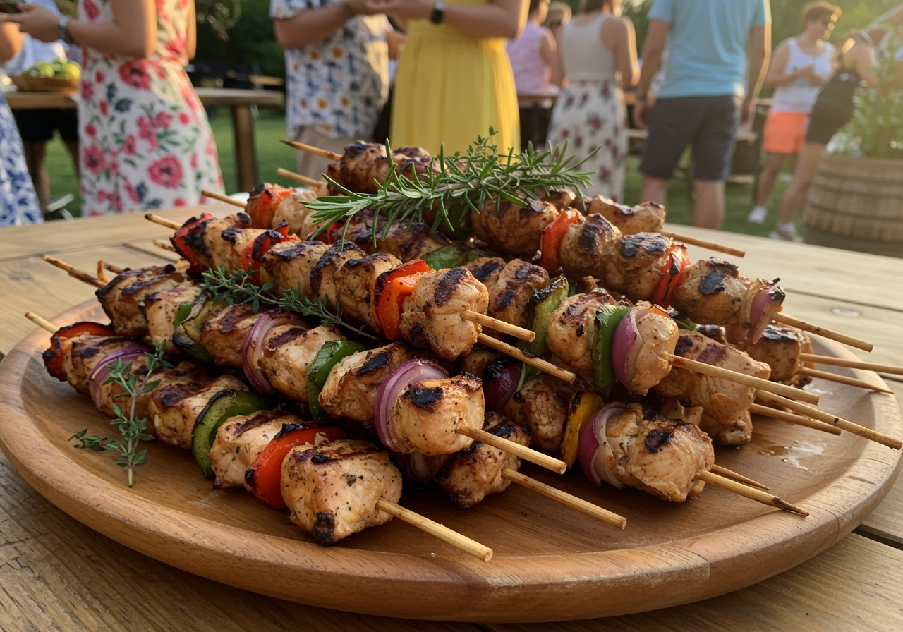 A large platter of grilled chicken skewers with bell peppers and onions, beautifully arranged with fresh herbs, ready to be served at an outdoor summer party.