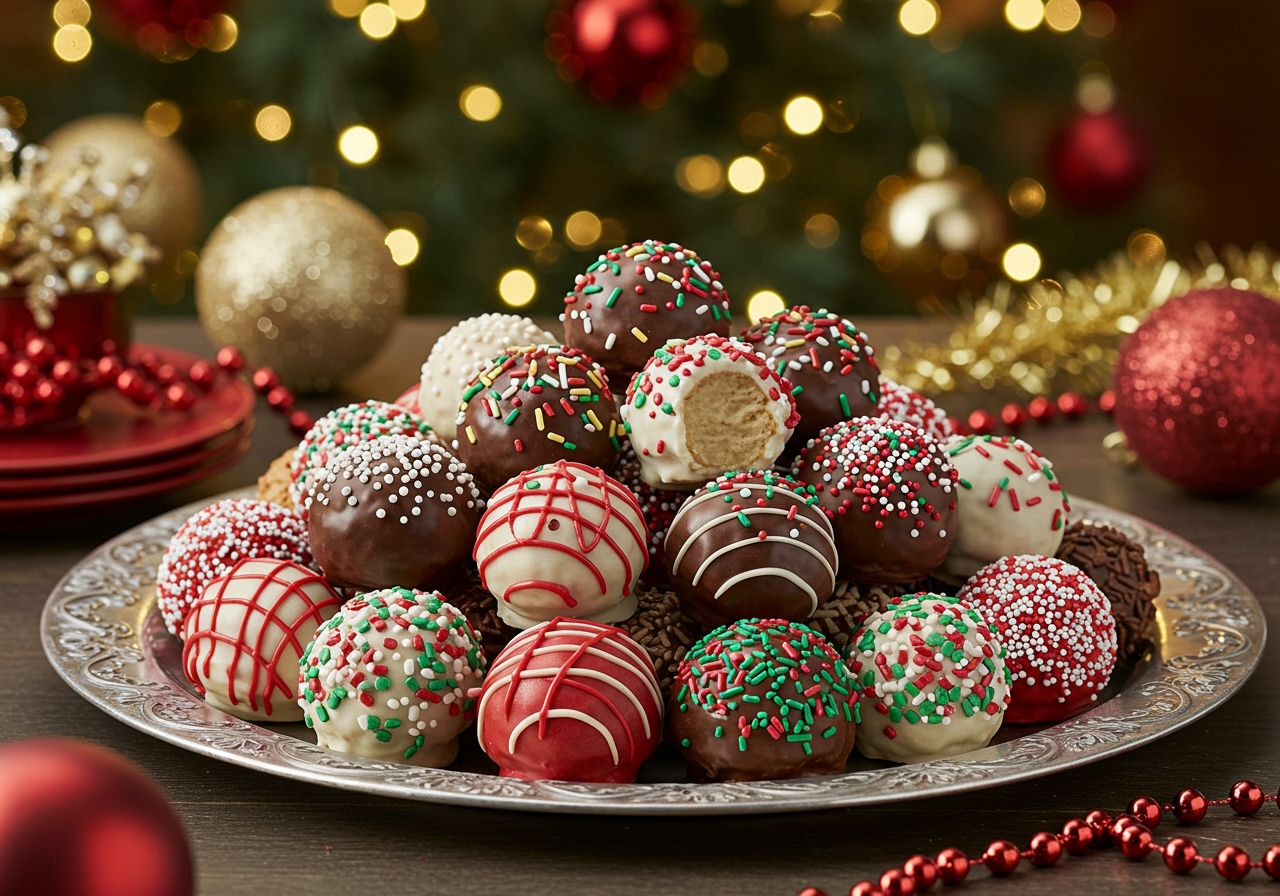 A large platter of various Costco Hallmark Holiday Cake Balls, beautifully arranged for a festive holiday party, with holiday decorations in the background.