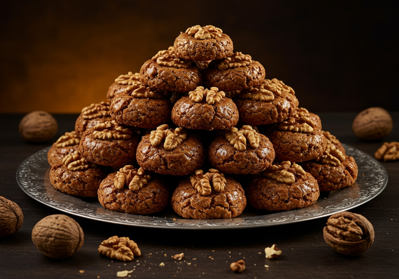 A large platter piled high with Finikia cookies, decorated with walnuts, looking inviting and festive