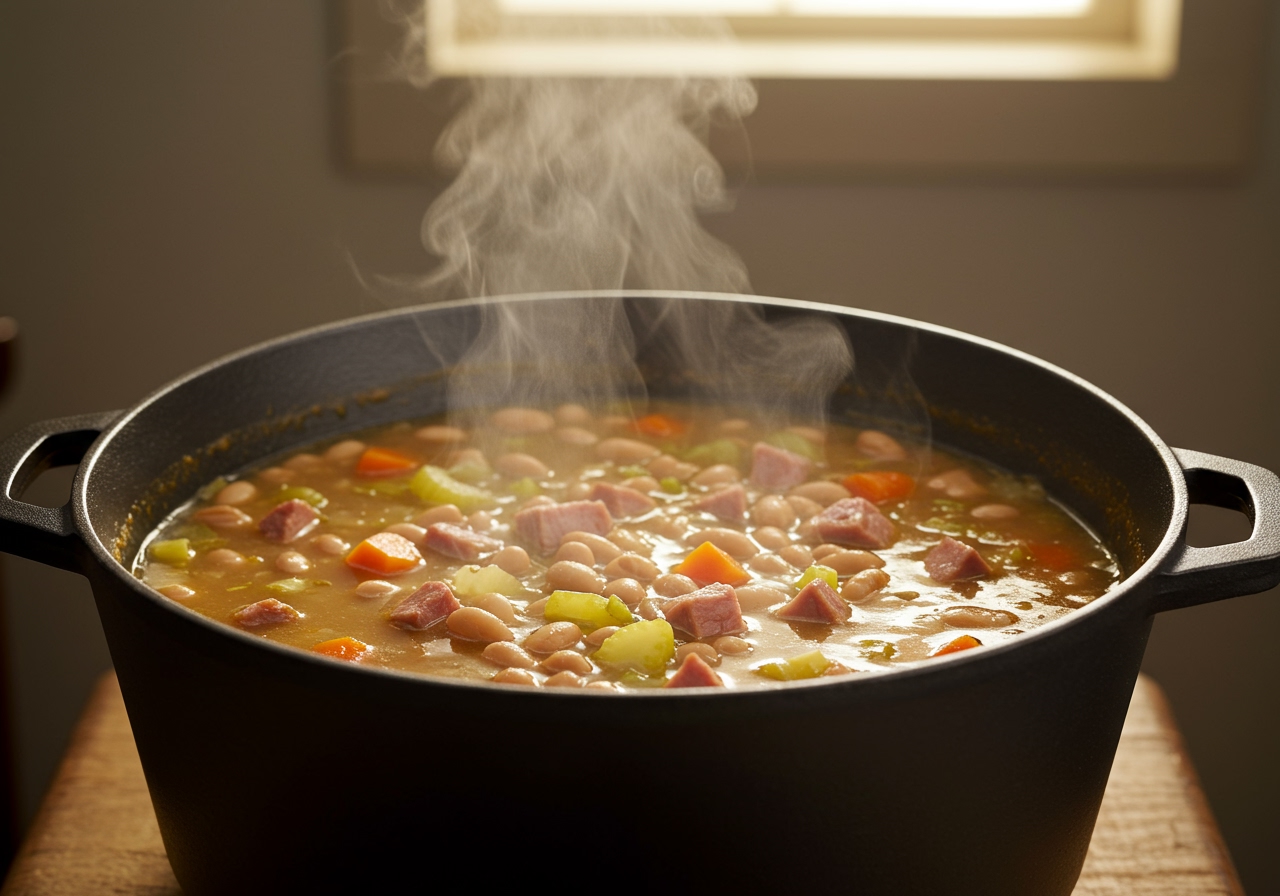 A large pot filled with simmering bean and ham soup, steam rising, showing the thick texture and visible chunks of ingredients.
