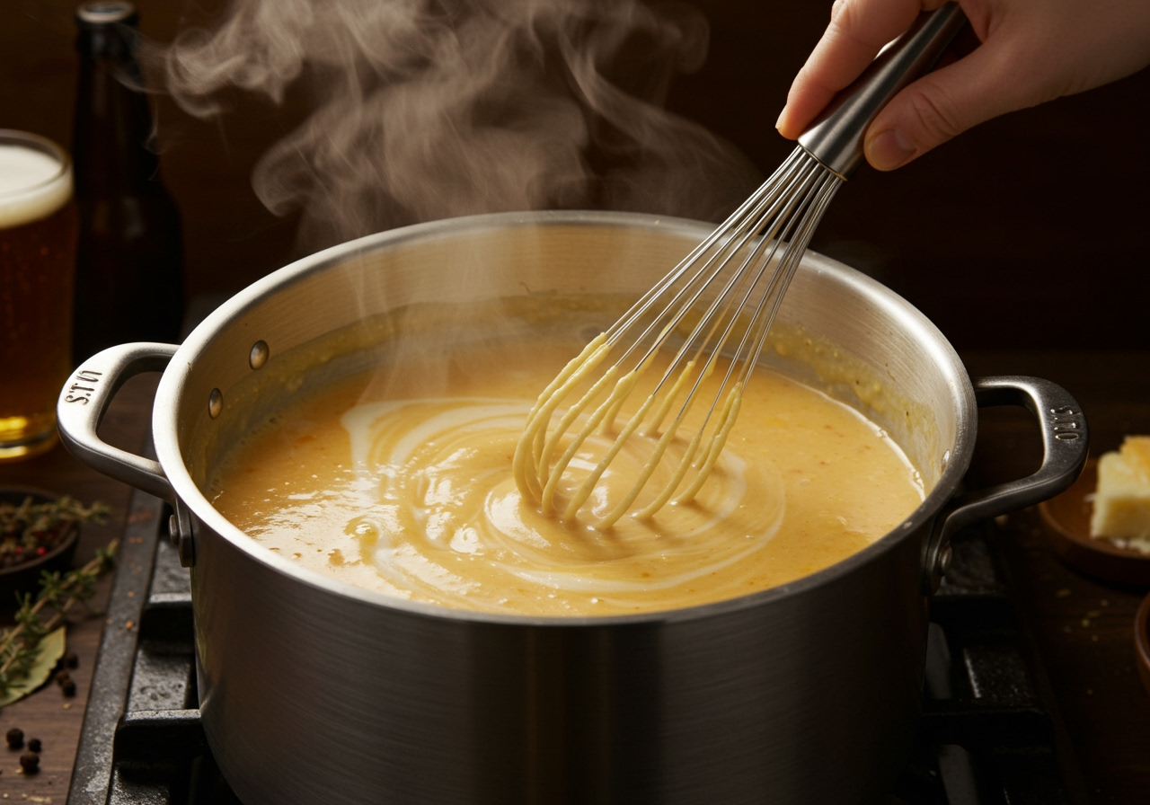 A large pot of beer cheese soup simmering gently on a stovetop, with a whisk stirring the creamy, golden liquid. Steam rises from the pot.