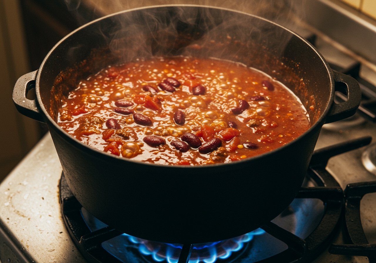 A large pot of chili simmering on a stove top, with bubbles gently rising. The chili looks rich and thick, showing visible chunks of meat, beans, and tomatoes.