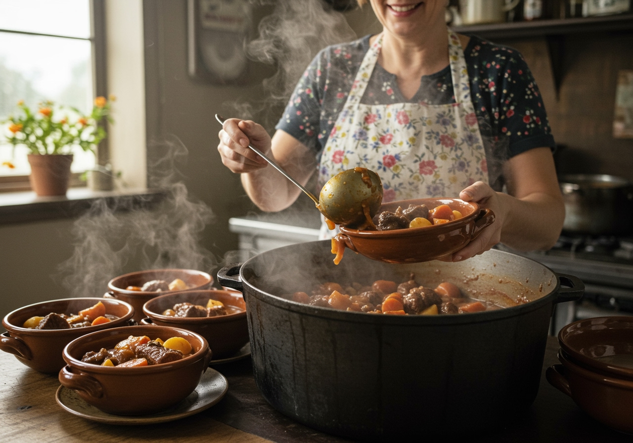 A large pot of steaming, hearty stew being served into bowls, suitable for a big family meal.