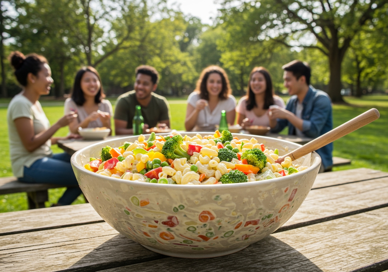 A large, vibrant bowl of healthy macaroni salad filled with colorful vegetables, looking fresh and appetizing, set on a picnic table surrounded by happy people enjoying a gathering.