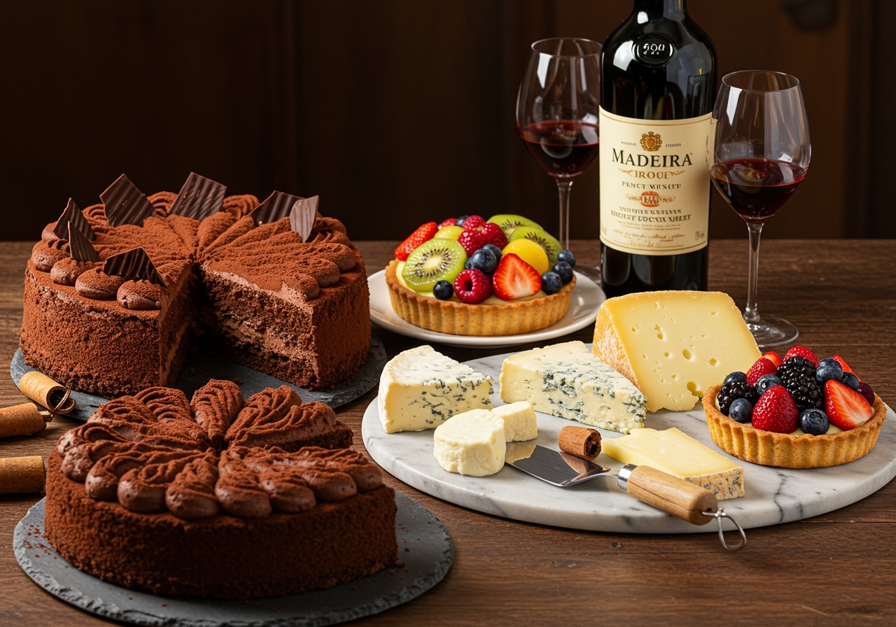 A lavish dessert spread featuring a rich chocolate cake, a fruit tart, and various cheeses, with a bottle of sweet Madeira wine and two glasses ready for pouring.