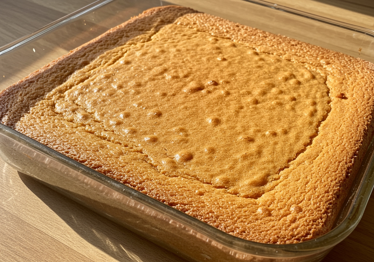 A light golden-brown sponge cake baked evenly in a 9x13 inch glass baking dish.