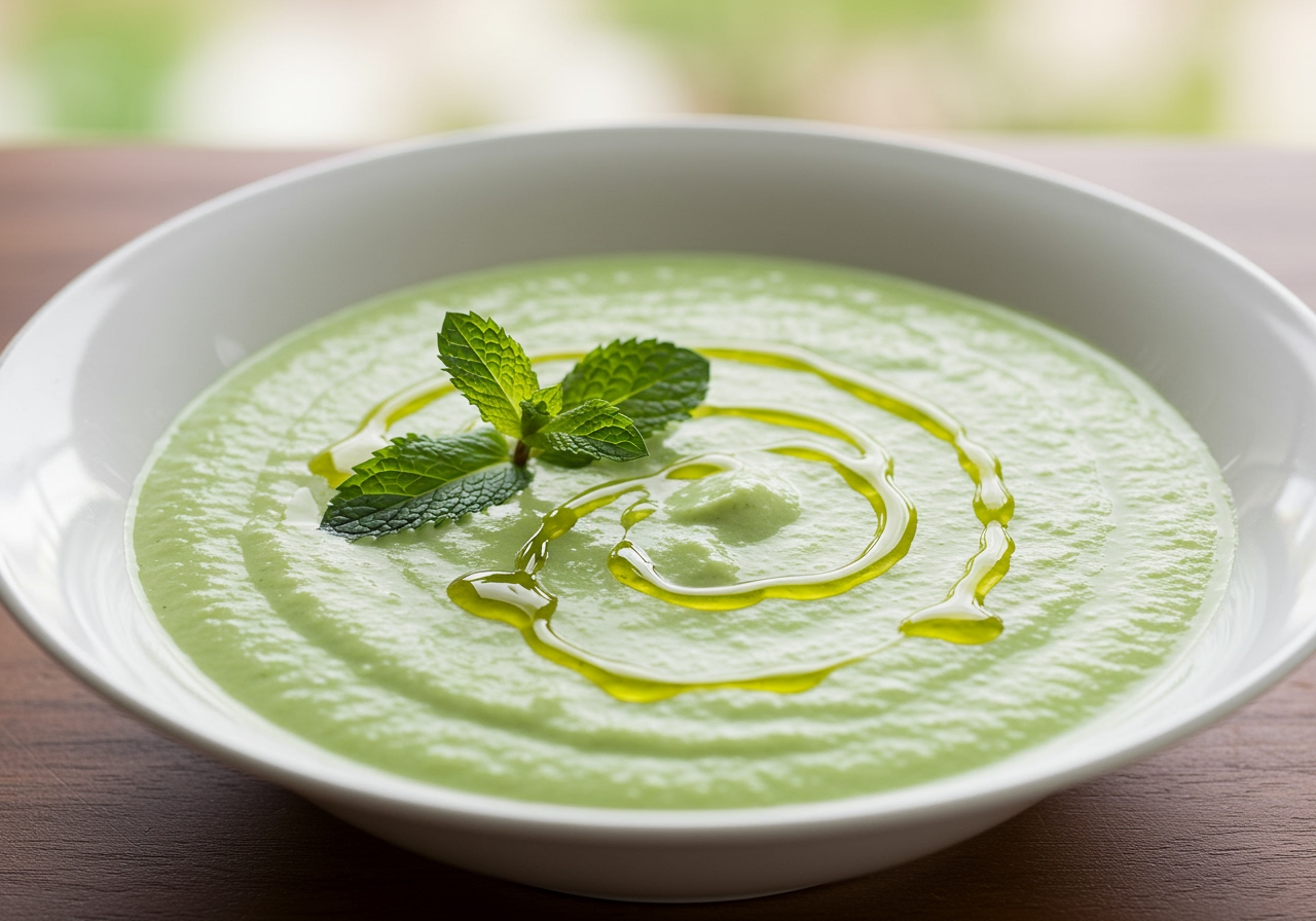 A light green bowl of chilled cucumber and yogurt soup garnished with fresh mint and a swirl of olive oil.