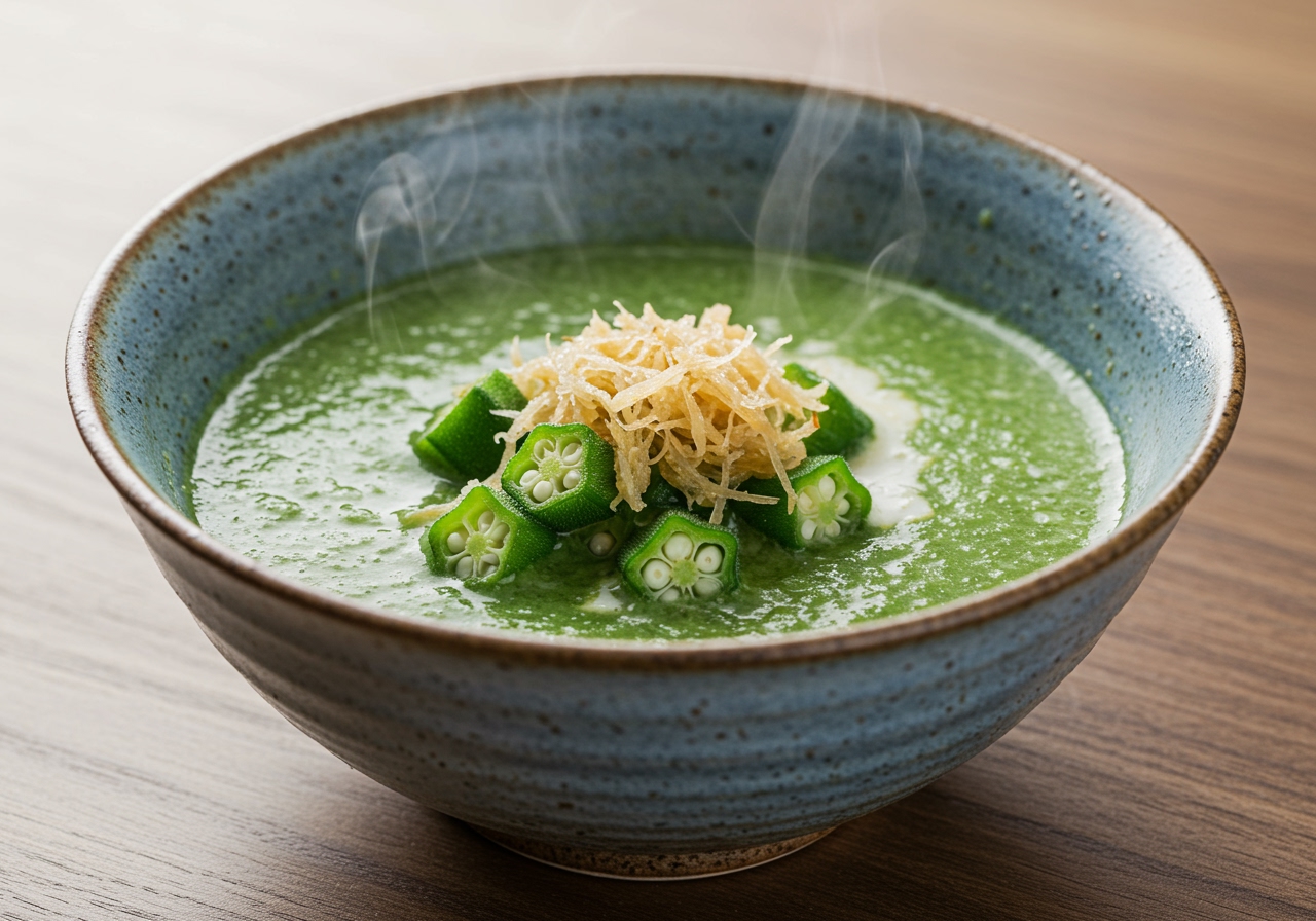 A light green, slightly thickened soup with chopped okra and shredded molokhia, served in a traditional Japanese ceramic bowl.