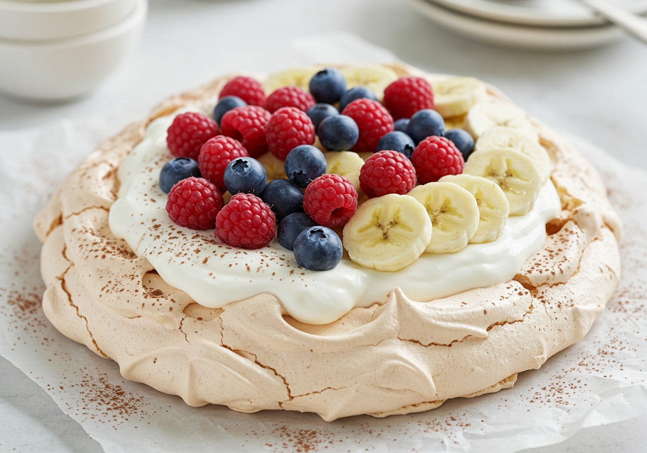 A lighter version of Banoffee Pavlova with Greek yogurt instead of whipped cream, more fresh berries alongside banana slices, and a dusting of cocoa powder, looking fresh and healthy.