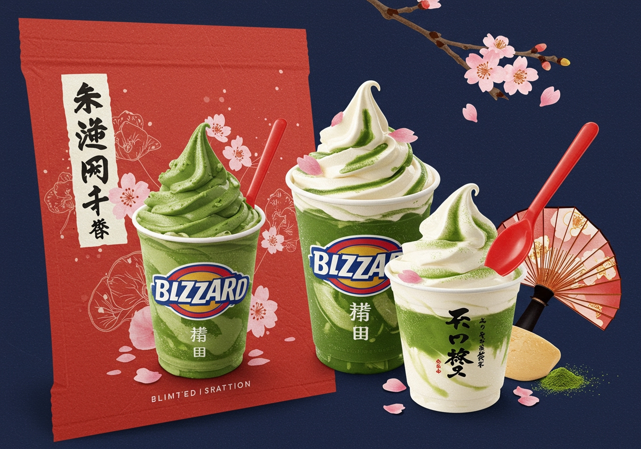 A limited-edition Dairy Queen Blizzard or sundae featuring seasonal Japanese ingredients like matcha and sakura petals, with a festive, celebratory vibe. The packaging is unique for a special event.