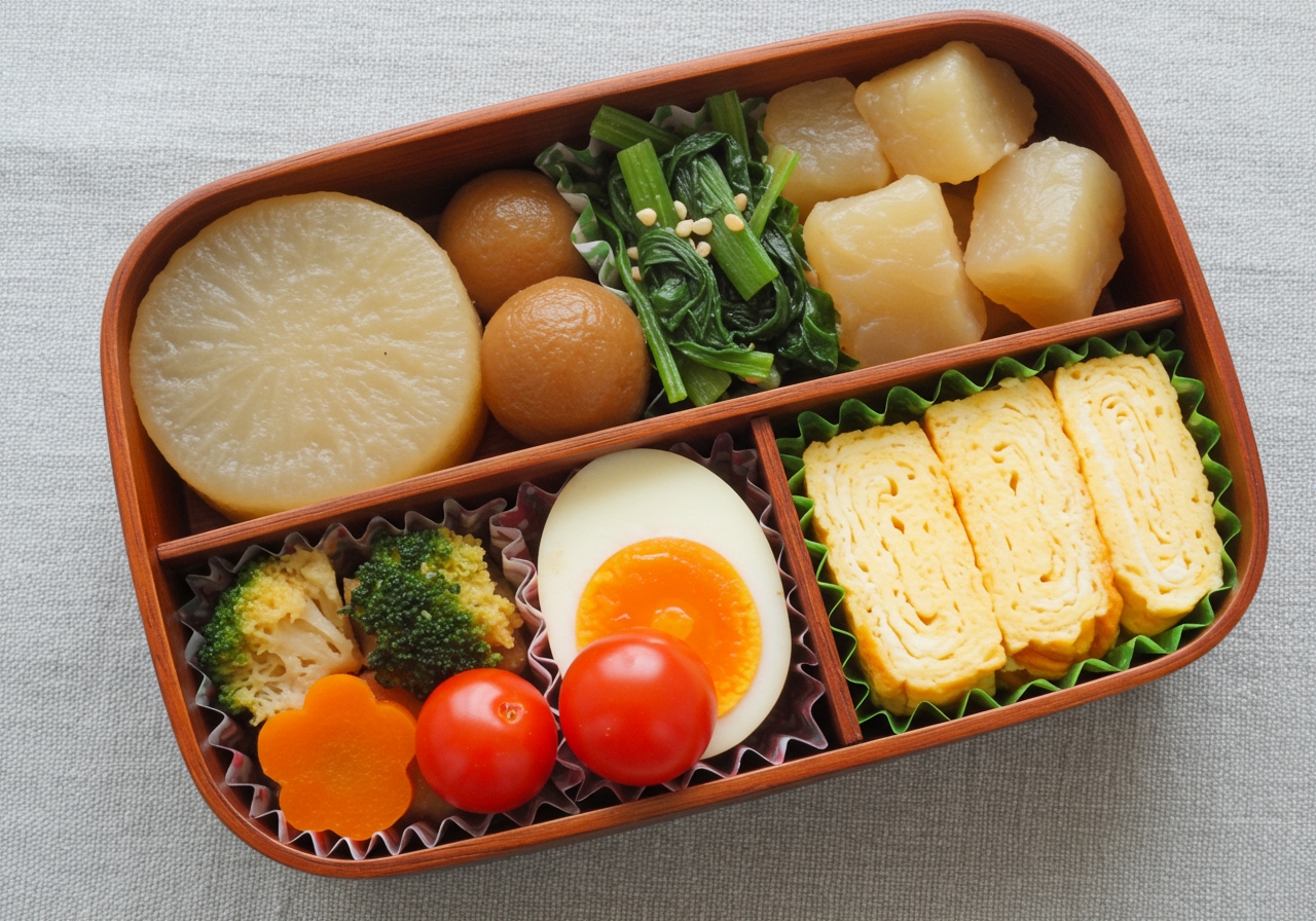 A lunch box (bento box) filled with chilled oden ingredients, showing sections with different items like daikon, egg, konnyaku, and perhaps some colorful summer vegetables. The overall impression should be neat and appetizing for a packed meal.