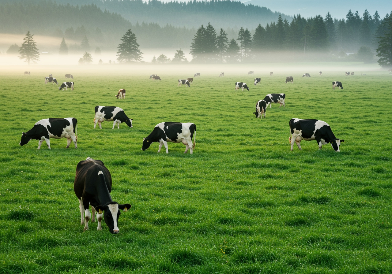 A lush green pasture in Tillamook, Oregon, with happy dairy cows grazing, representing the source of Tillamook's quality milk.