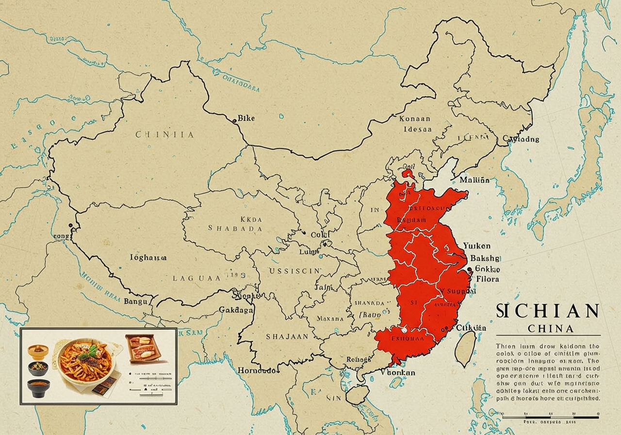 A map highlighting the Sichuan province in China, representing the origin of this dish.