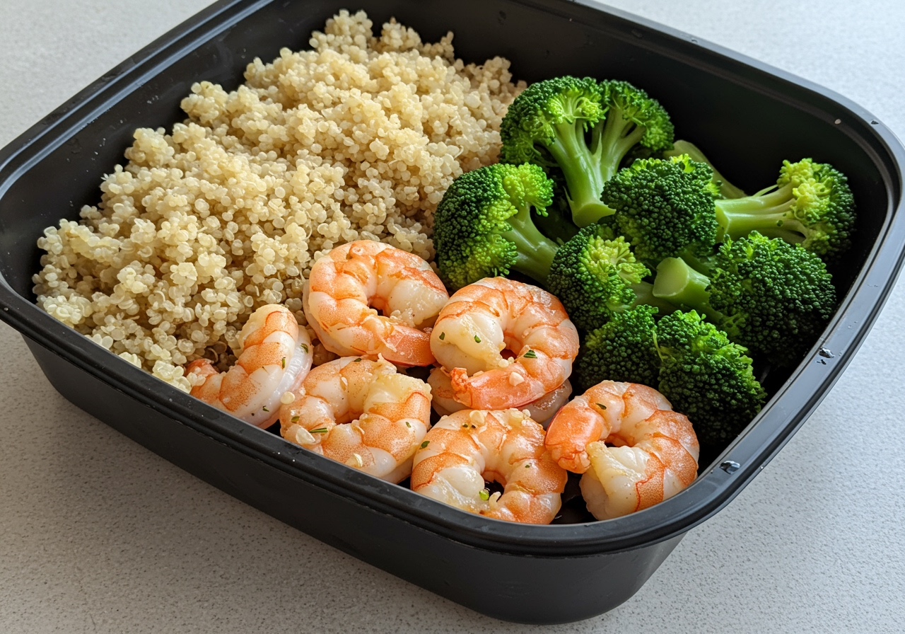 A meal prep container with cooked sous vide lemon butter shrimp, quinoa, and steamed broccoli, ready for a healthy lunch.