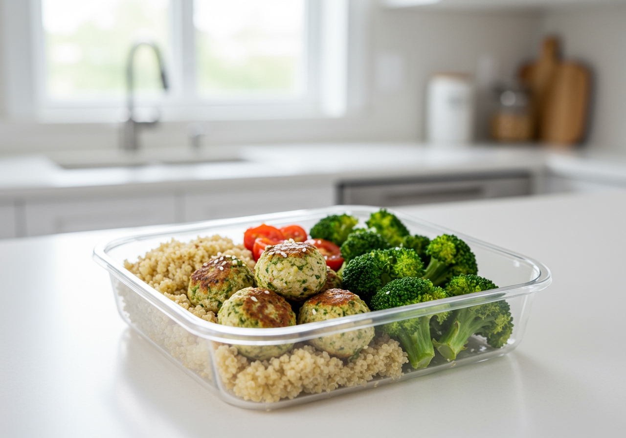 A meal prep container with easy pesto turkey meatballs, quinoa, and roasted broccoli, ready for a healthy lunch, in a modern kitchen setting.