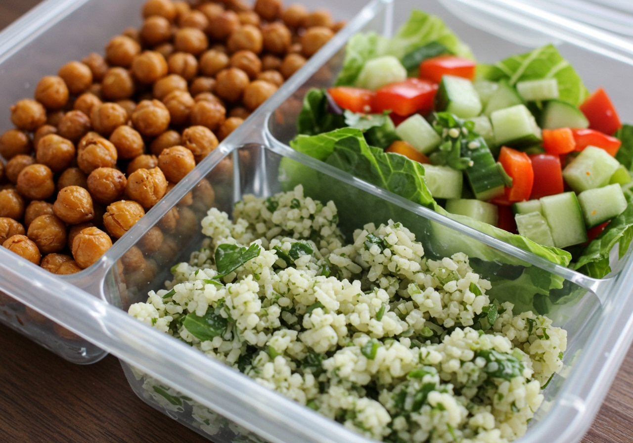 A meal prep container with separate compartments, showing roasted chickpeas, a fresh green salad, and a portion of cilantro lime rice, neatly arranged for a healthy week's lunch.