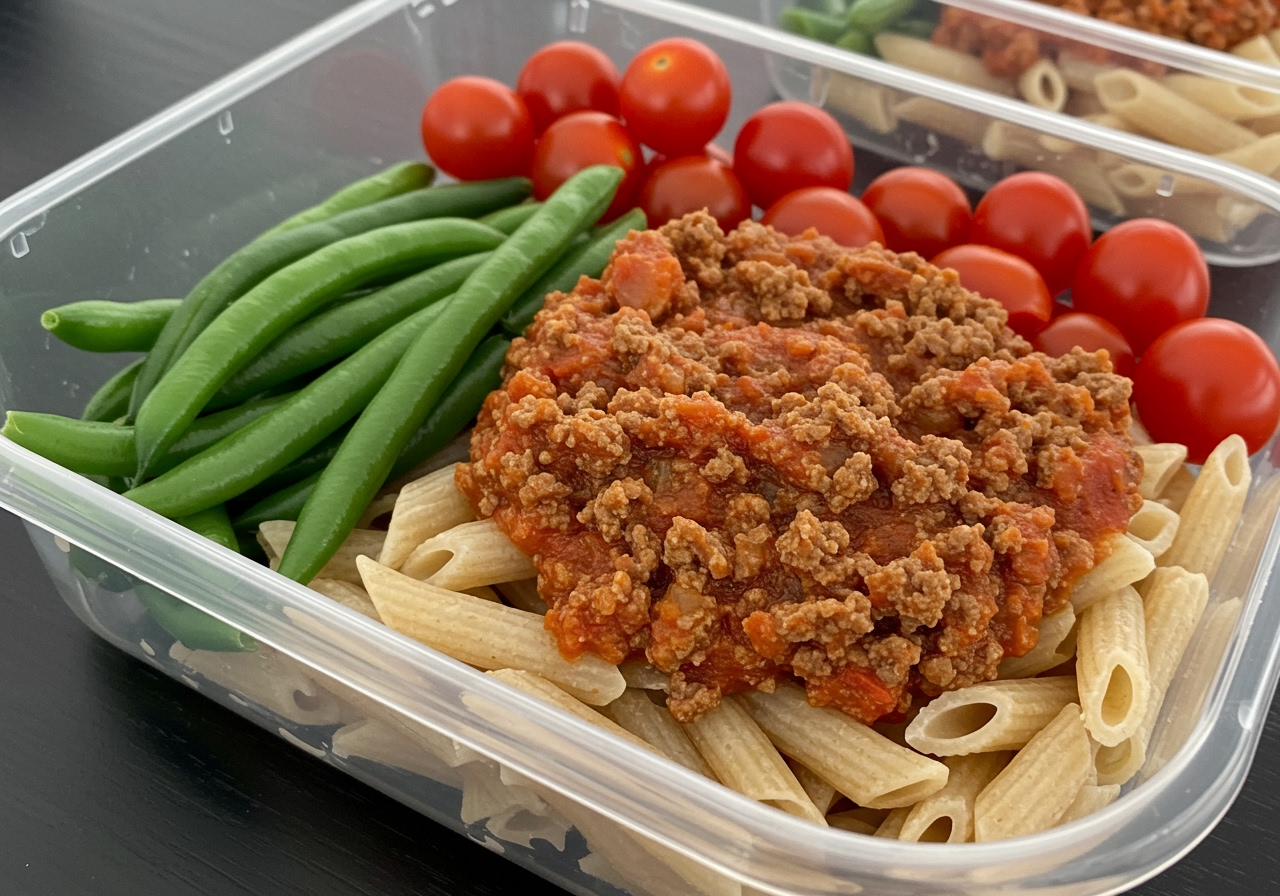 A meal-prepped container featuring Valerie-style Bolognese sauce with whole wheat pasta, accompanied by a side of steamed green beans and cherry tomatoes, ready for a healthy lunch.