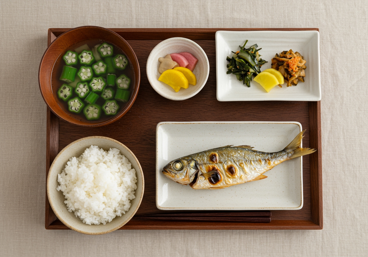 A minimalist overhead shot of a Japanese breakfast setting including a bowl of okra soup, rice, grilled fish, and pickles.