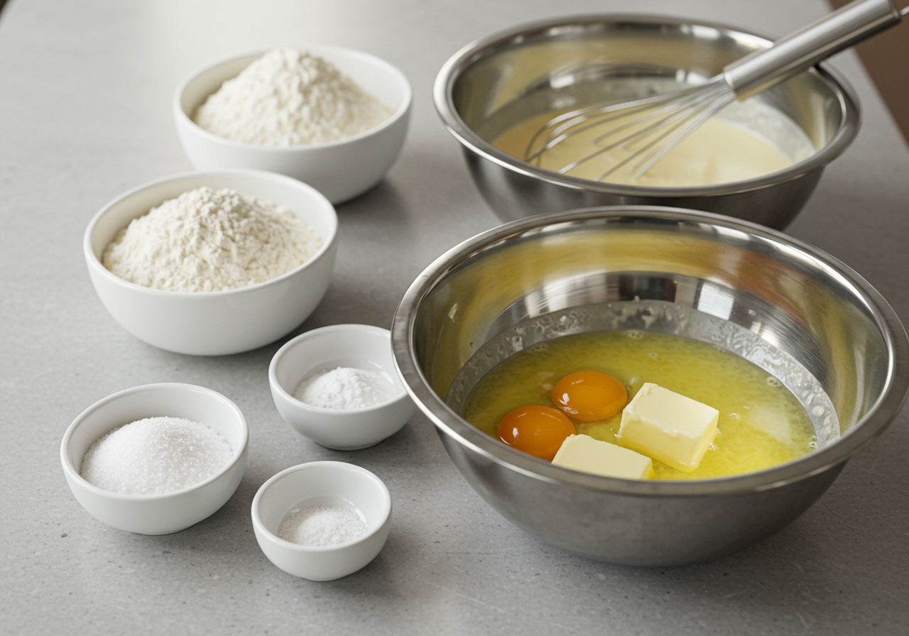 A mise en place of all the dry and wet ingredients for buttermilk pancakes, neatly arranged in separate bowls on a kitchen counter.