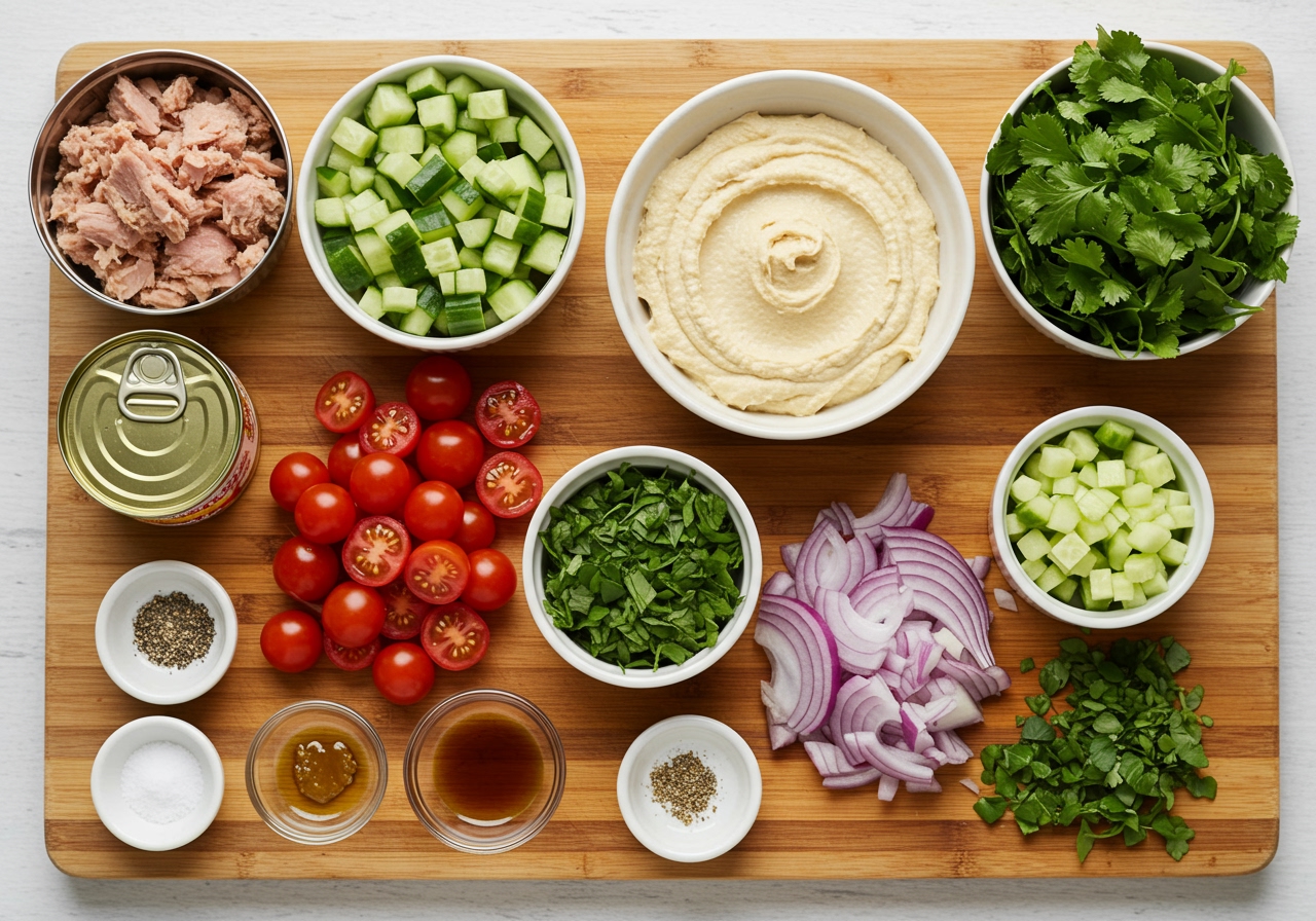 A mise en place shot of all the ingredients for the spicy tuna and hummus salad, neatly arranged on a wooden cutting board. Includes canned tuna, a bowl of hummus, chopped cucumber, mini tomatoes, sliced red onion, fresh herbs, and small bowls of dressing ingredients.