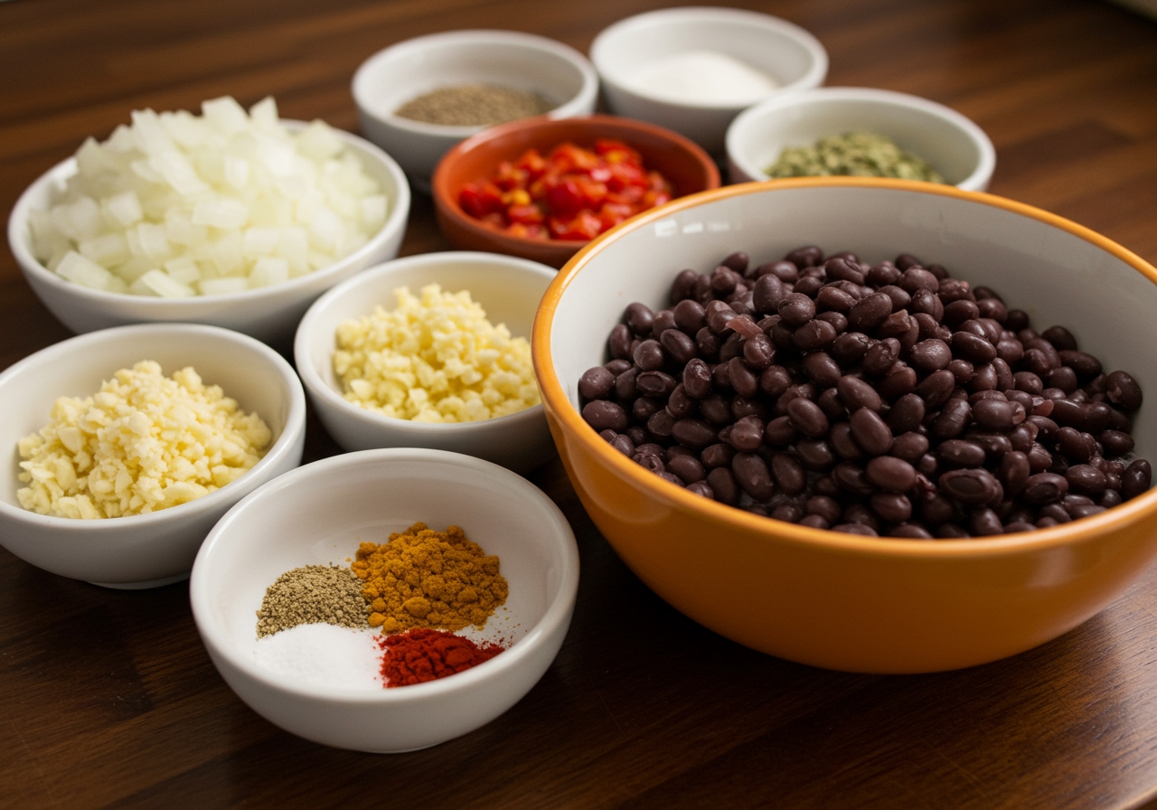 A mise en place shot showing chopped onions, minced garlic, spices in small bowls, and a bowl of cooked black beans, ready for cooking.