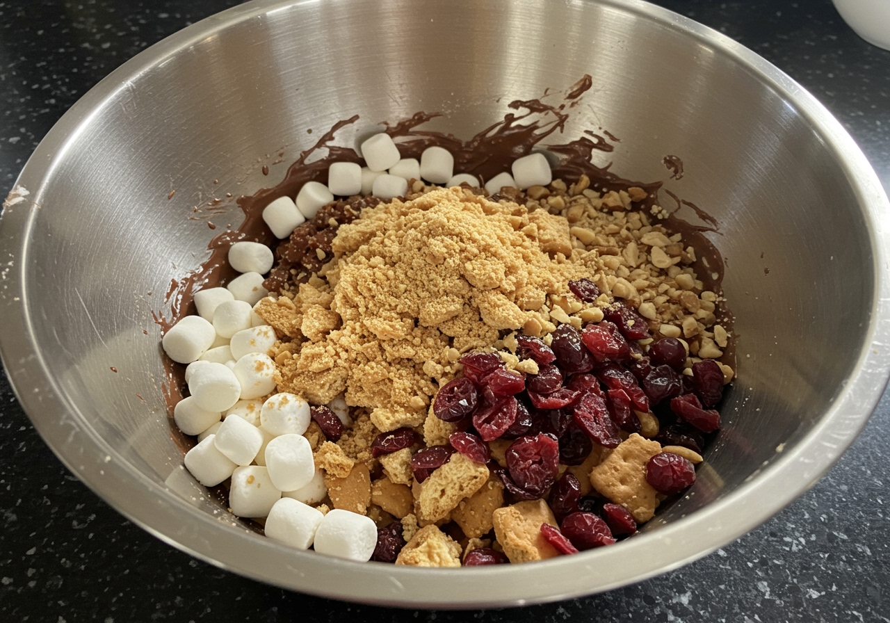 A mixing bowl containing mini marshmallows, broken biscuits, dried cranberries, and nuts, ready to be combined with chocolate.