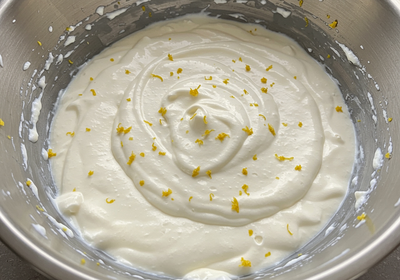 A mixing bowl with creamy ricotta tart filling being prepared, showing the smooth texture and citrus zest.