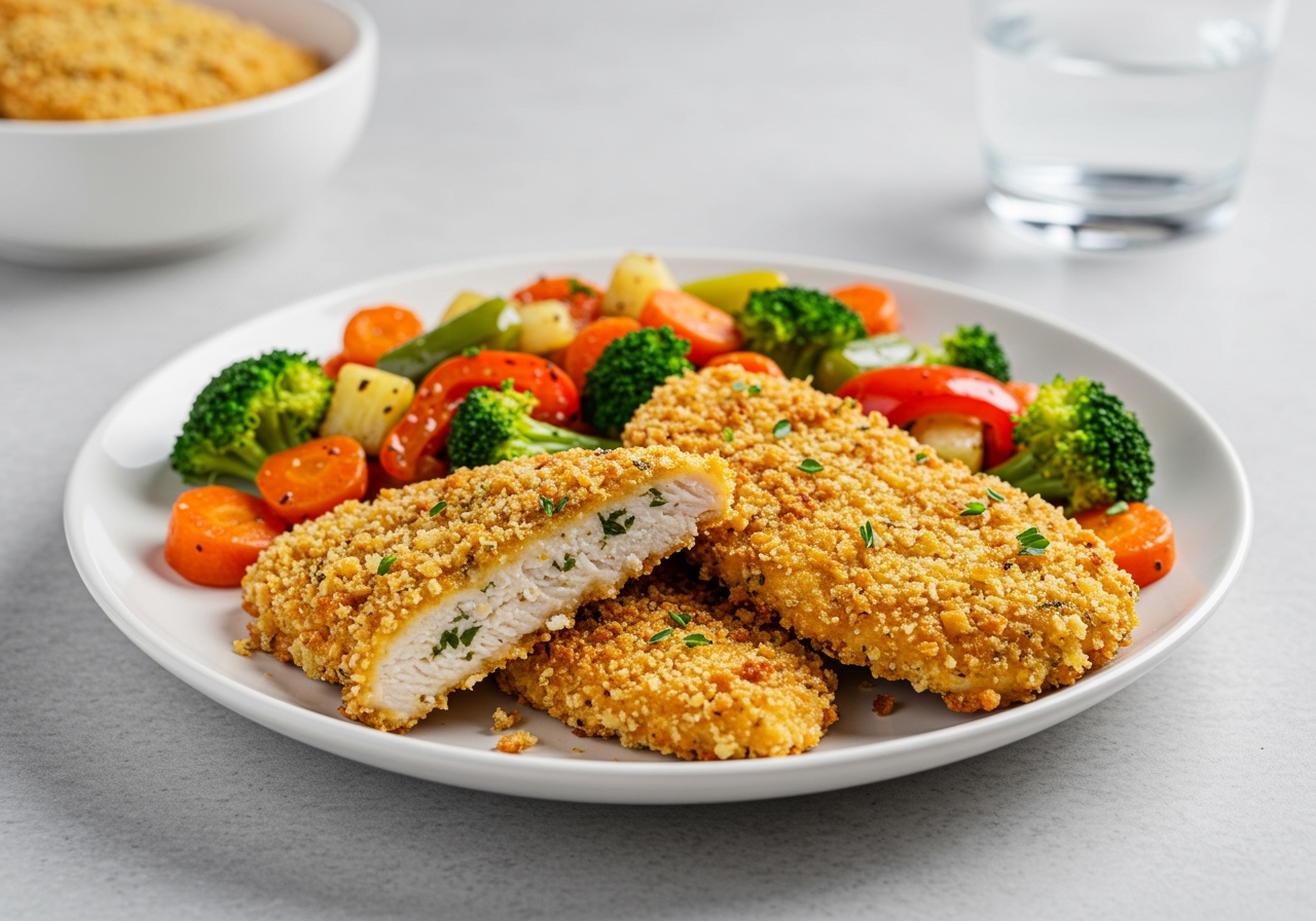 A modern, healthier version of a comfort food dish, such as air-fried chicken or a vegetable-packed mac and cheese, presented aesthetically on a light background.