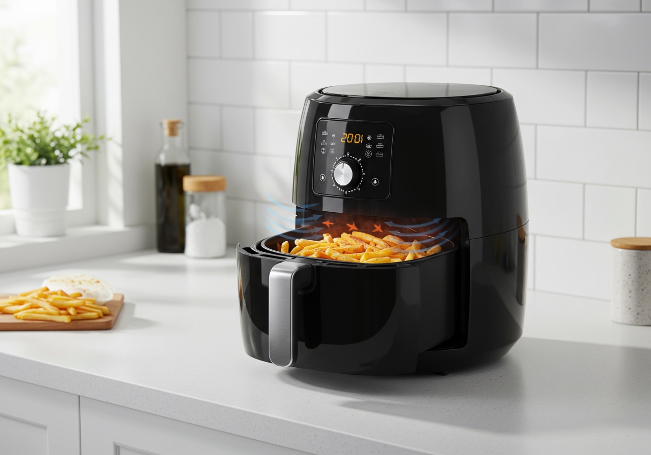 A modern kitchen counter with an air fryer actively cooking, showing hot air circulation simulation.