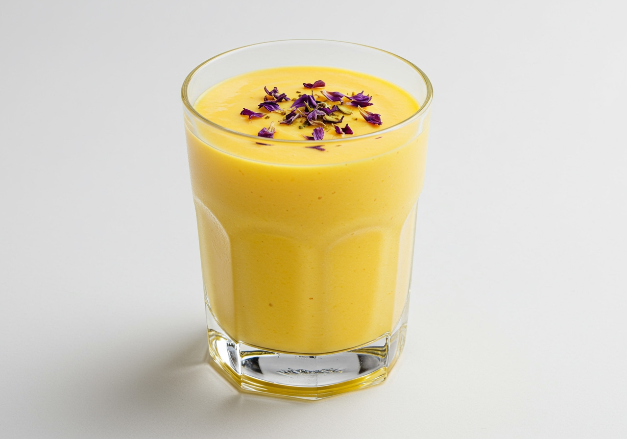 A modern, stylish glass of lassi with a unique topping (e.g., chia seeds, edible flowers), representing the evolution of lassi.