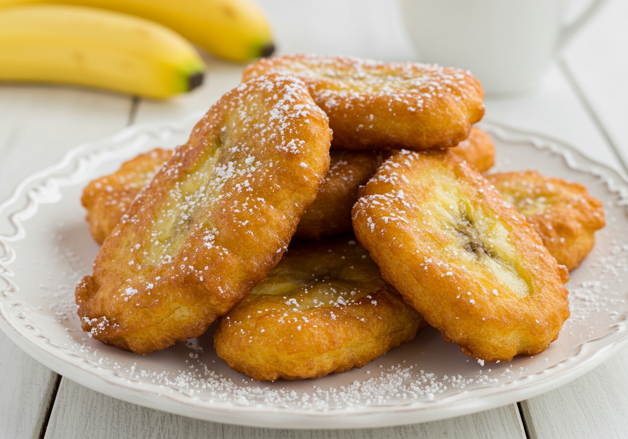A mouth-watering close-up of several freshly fried, golden-brown banana fritters piled on a elegant white ceramic plate, delicately dusted with powdered sugar, creating a visually appealing dessert.