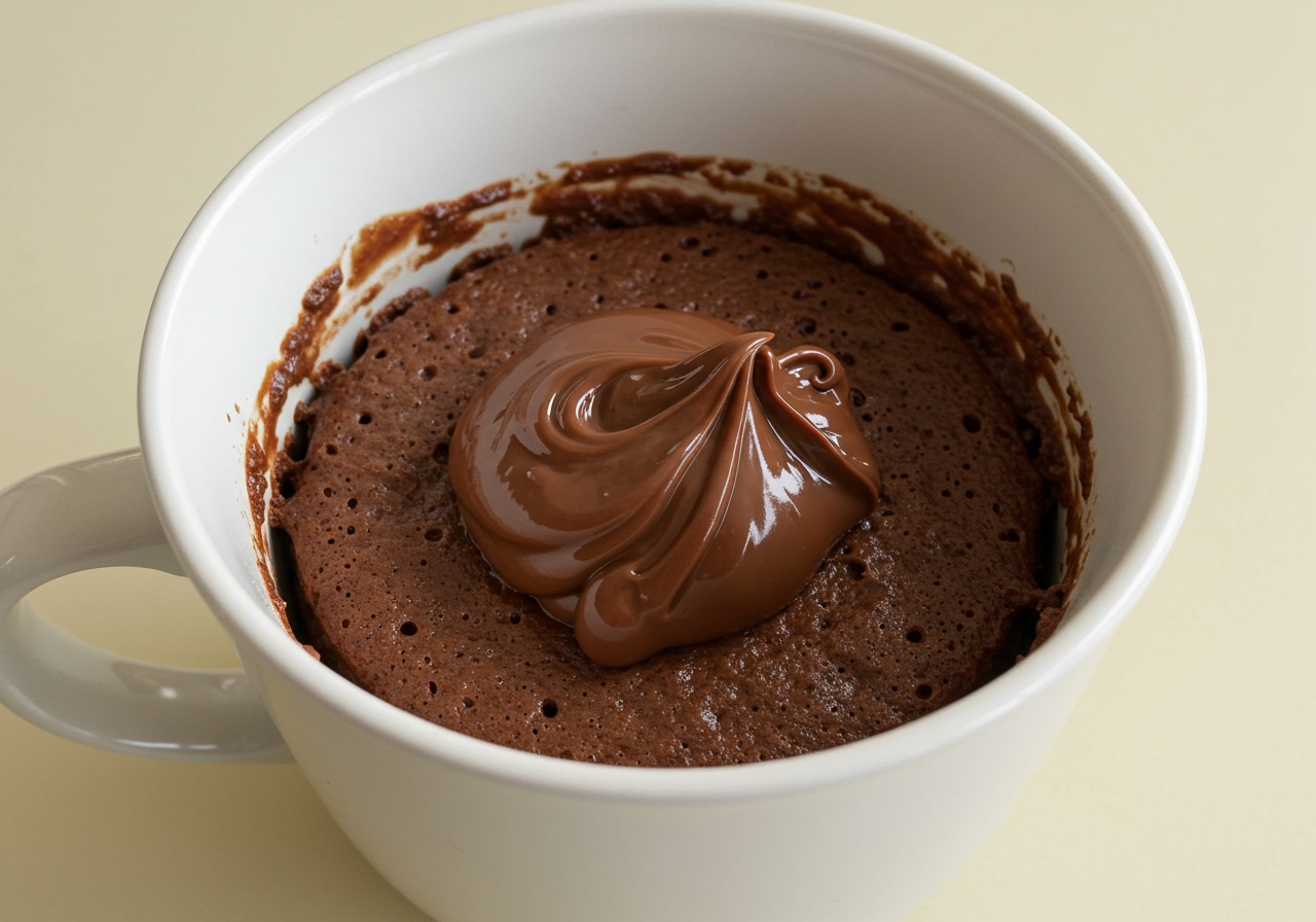 A mug cake batter with a dollop of Nutella in the center, ready to be microwaved.