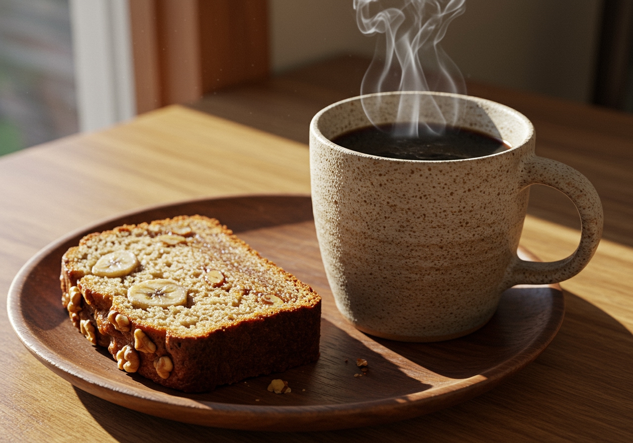 A mug of coffee next to a slice of banana bread on a plate.
