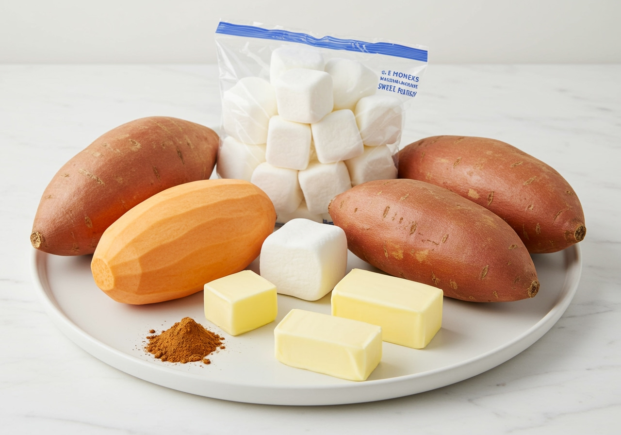 A neatly arranged plate of ingredients for marshmallow sweet potato, including unpeeled sweet potatoes, a bag of marshmallows, butter, and a sprinkle of cinnamon powder.