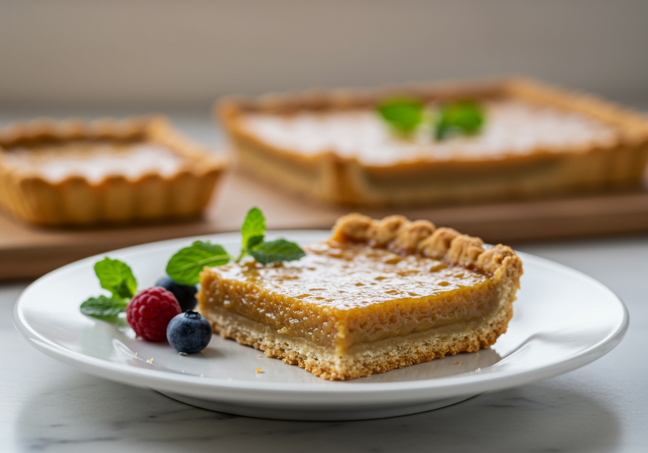 A neatly cut, single healthy butter tart square on a small white plate, showing the distinct layers of crust and filling. The crust is flaky and golden, and the filling is rich and glossy. A tiny sprig of mint or a single fresh berry provides a subtle garnish. The background is blurred, focusing on the dessert itself.