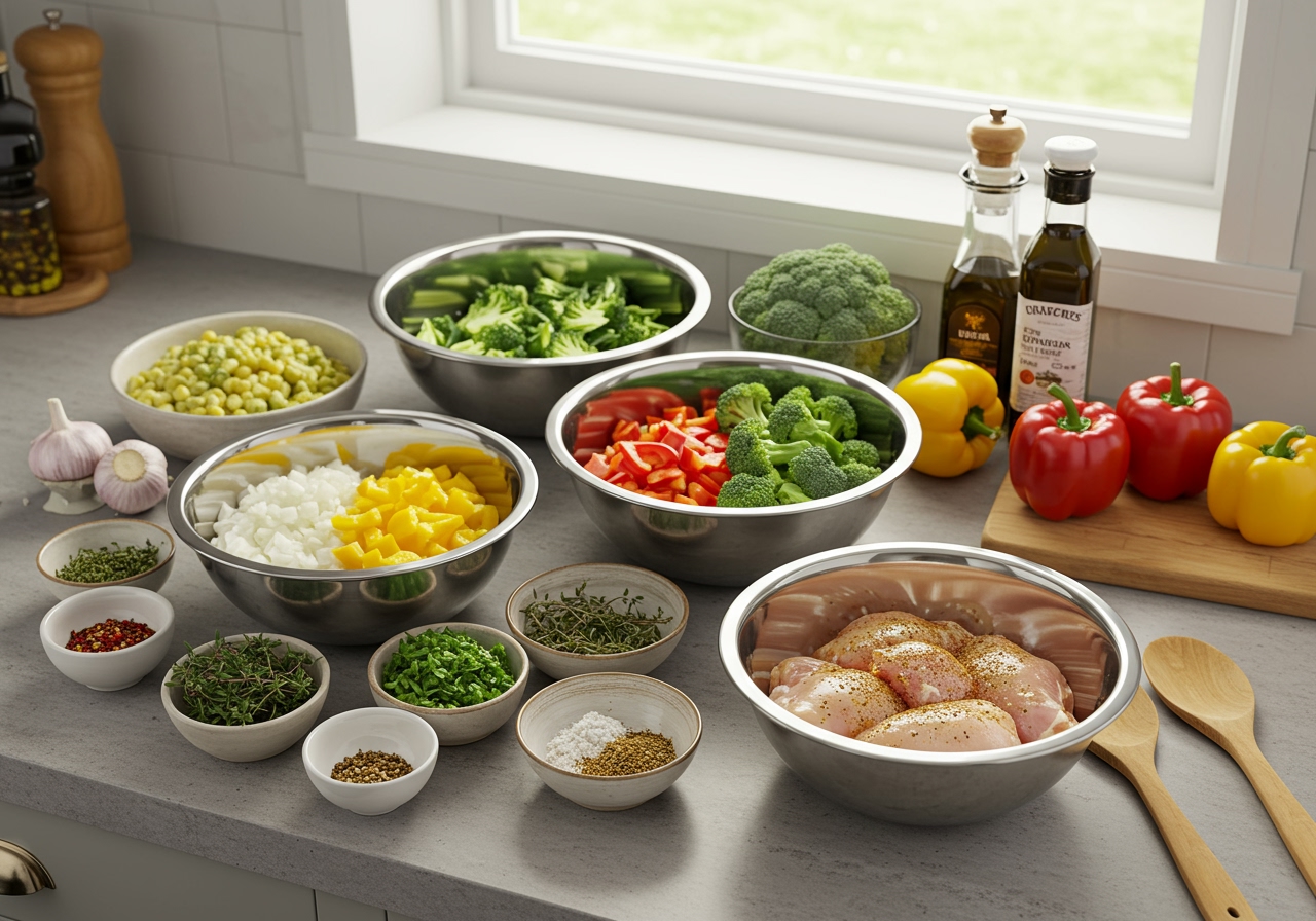 A neatly organized kitchen counter with various ingredients for oven baking - bowls of chopped vegetables, marinated chicken, and herbs, ready for meal prepping.