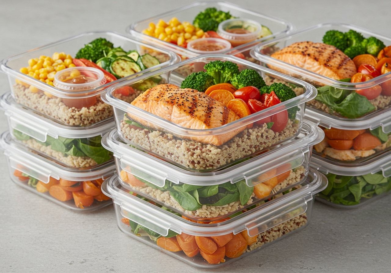 A neatly organized set of meal prep containers filled with healthy, colorful, gout-friendly meals.