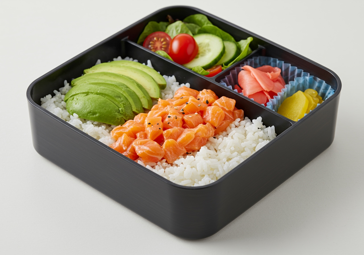A neatly packed bento box featuring the salmon and avocado rice bowl, perhaps with a small side salad or pickled ginger, showing it's perfect for lunch on the go.