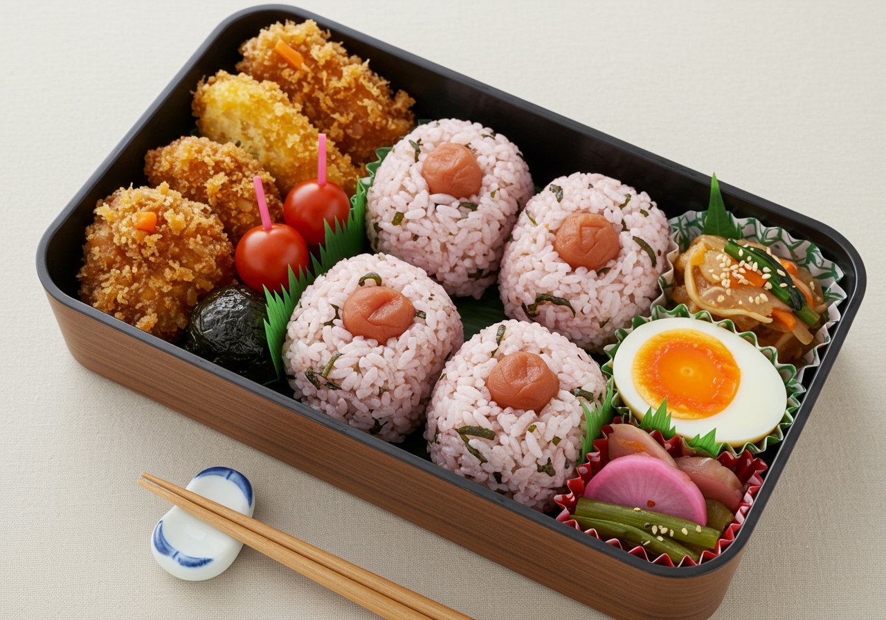 A neatly packed Japanese bento box featuring several 梅しそおにぎり, alongside colorful side dishes like karaage, pickled vegetables, and a boiled egg.