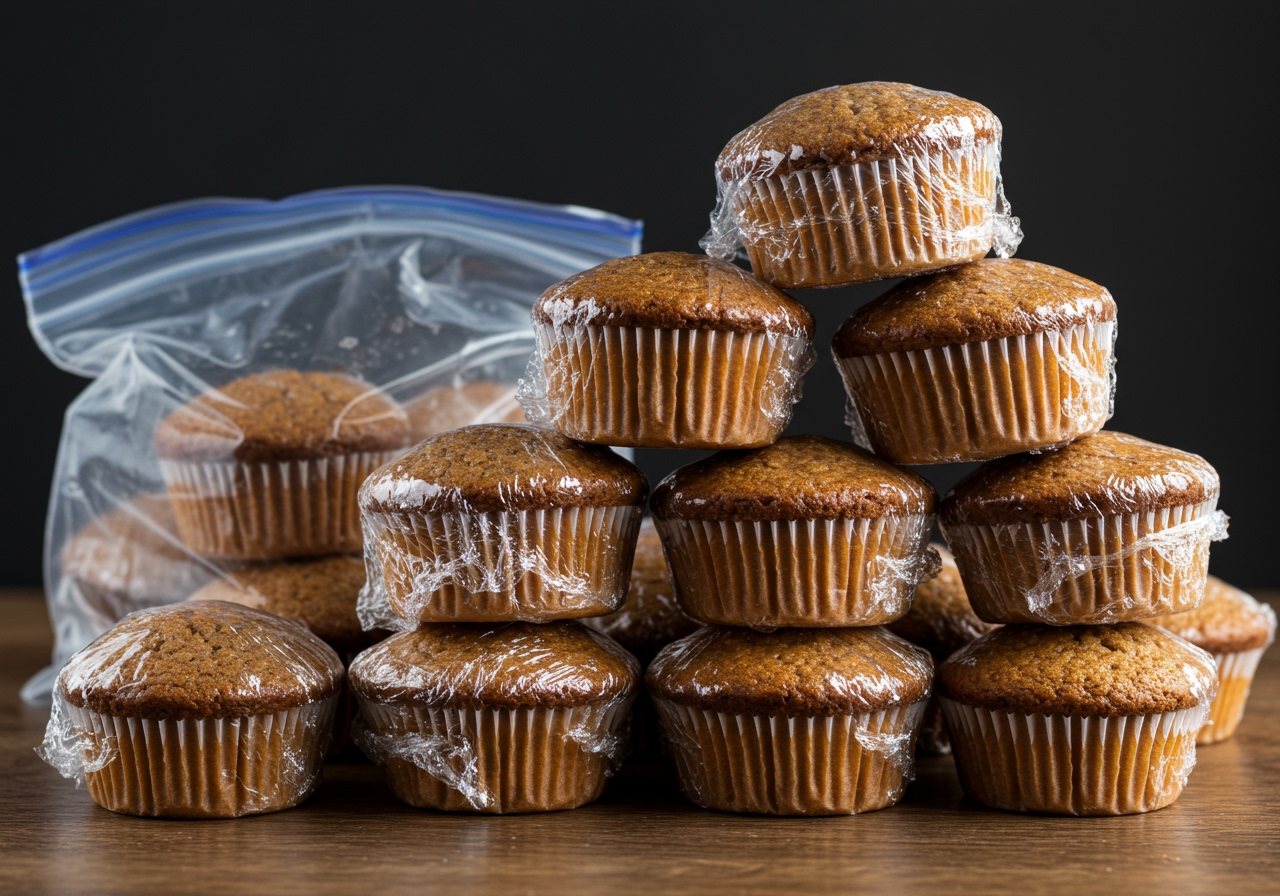 A neatly stacked pile of individually wrapped bran muffins in transparent plastic wrap, ready for freezing or storage. Some are placed in a clear freezer bag, demonstrating organized and practical food storage.