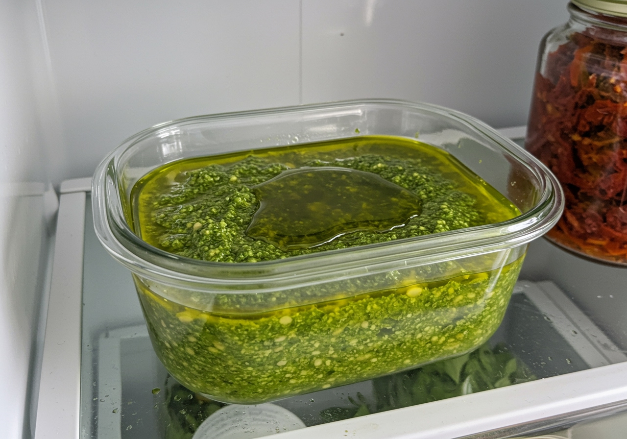 A neatly stored container of bright green lemon pesto in a refrigerator, with a thin layer of olive oil on top.