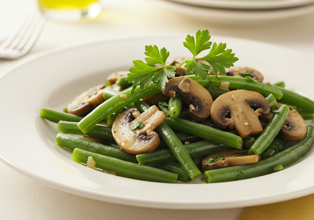 A nicely plated dish of green bean and mushroom sauté, garnished with fresh parsley.